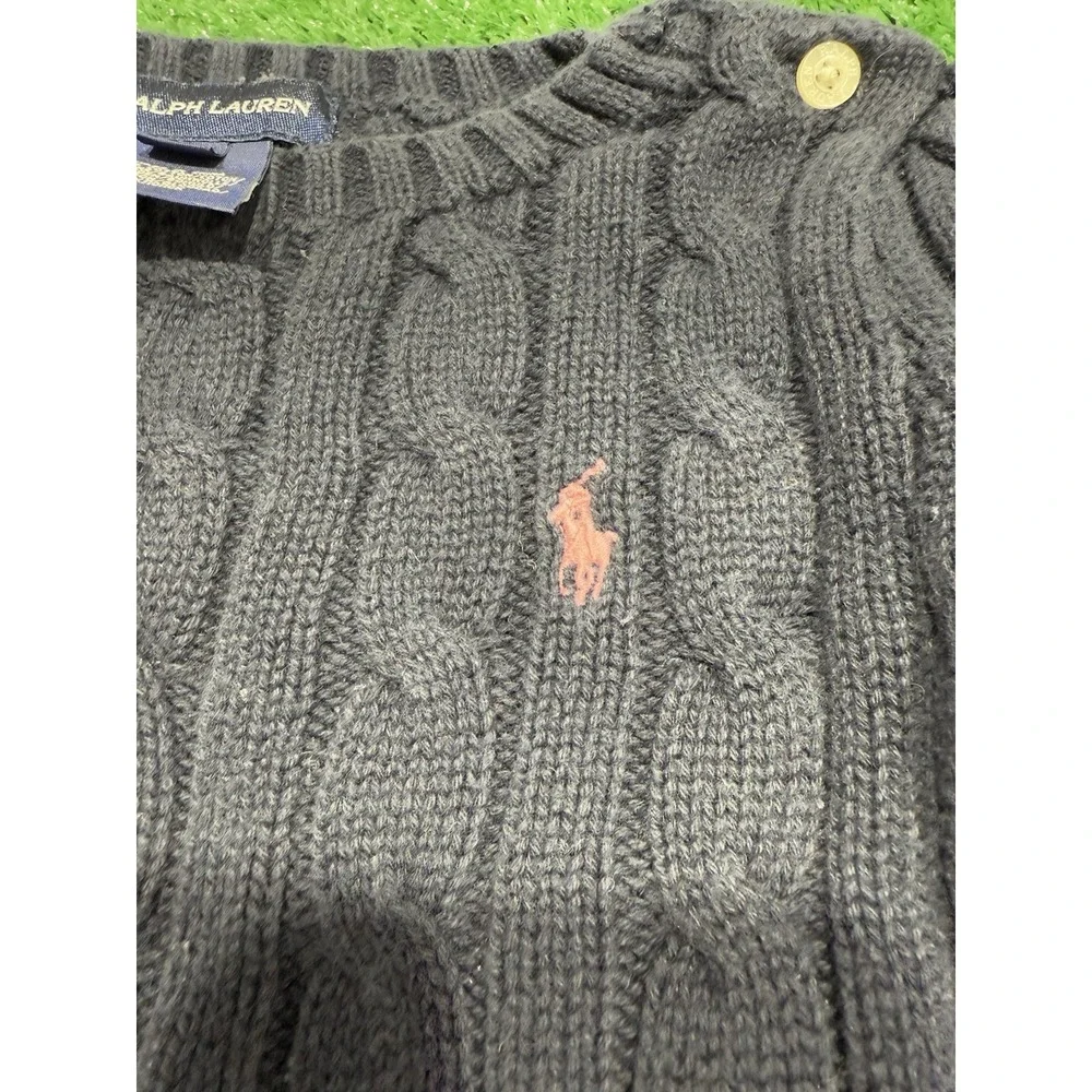 Ralph Lauren baby girl Navy Blue cable knit puff sleeve sweater 12 months cotton